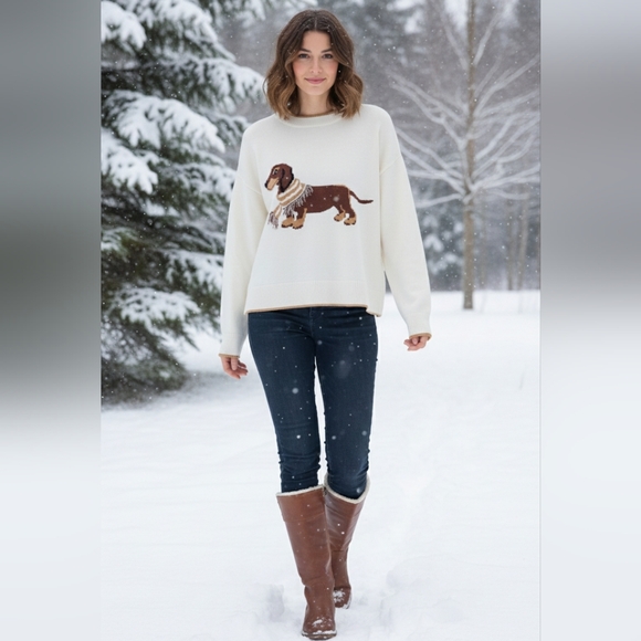 Anthropology Dachshund Wearing Scarf Cream Intasia Knit Sweater Size Large - Picture 3 of 11